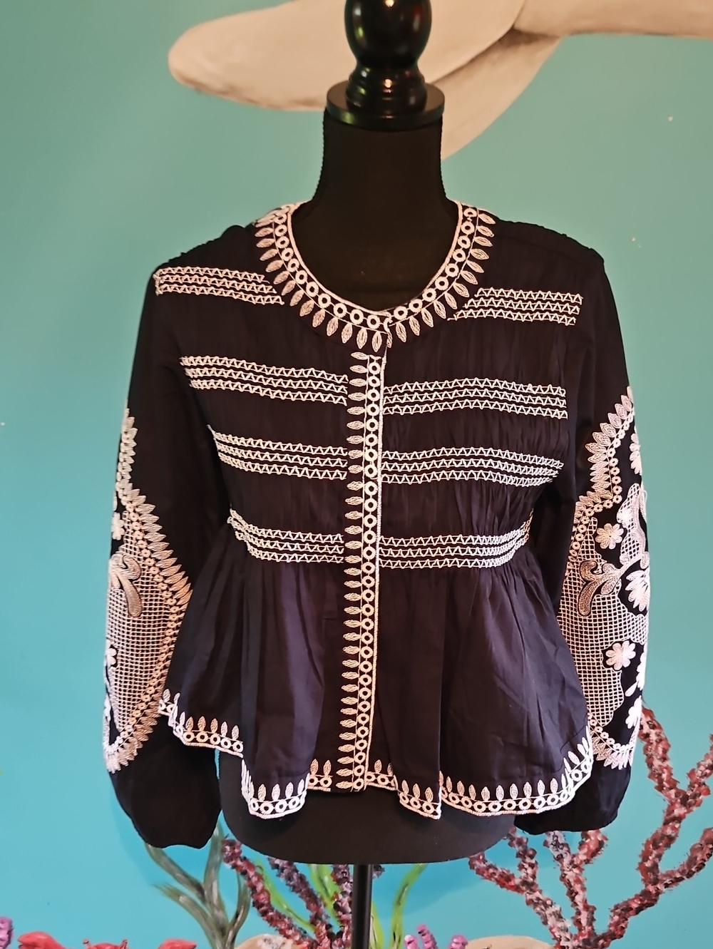 7 For All Mankind Black Blouse with White Embroidery